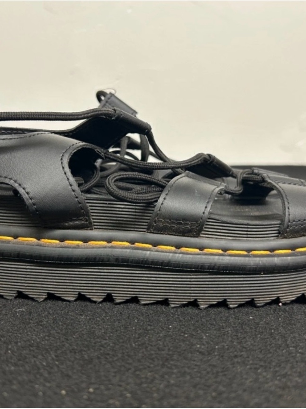 Dr. Martens Black Leather Gladiator Sandals with Yellow Stitching